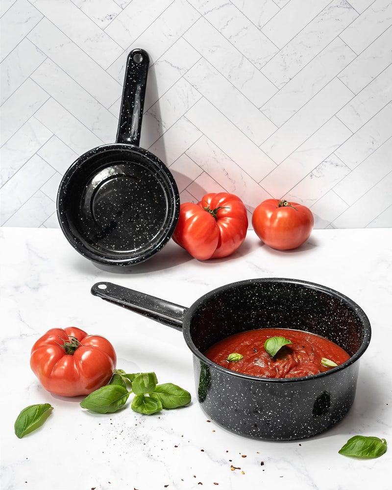 Granite Ware 1 qt y 2 qt saucepan set. Enameled steel great for camping  outdoor use  suitable for oven and direct fire. - Image 2